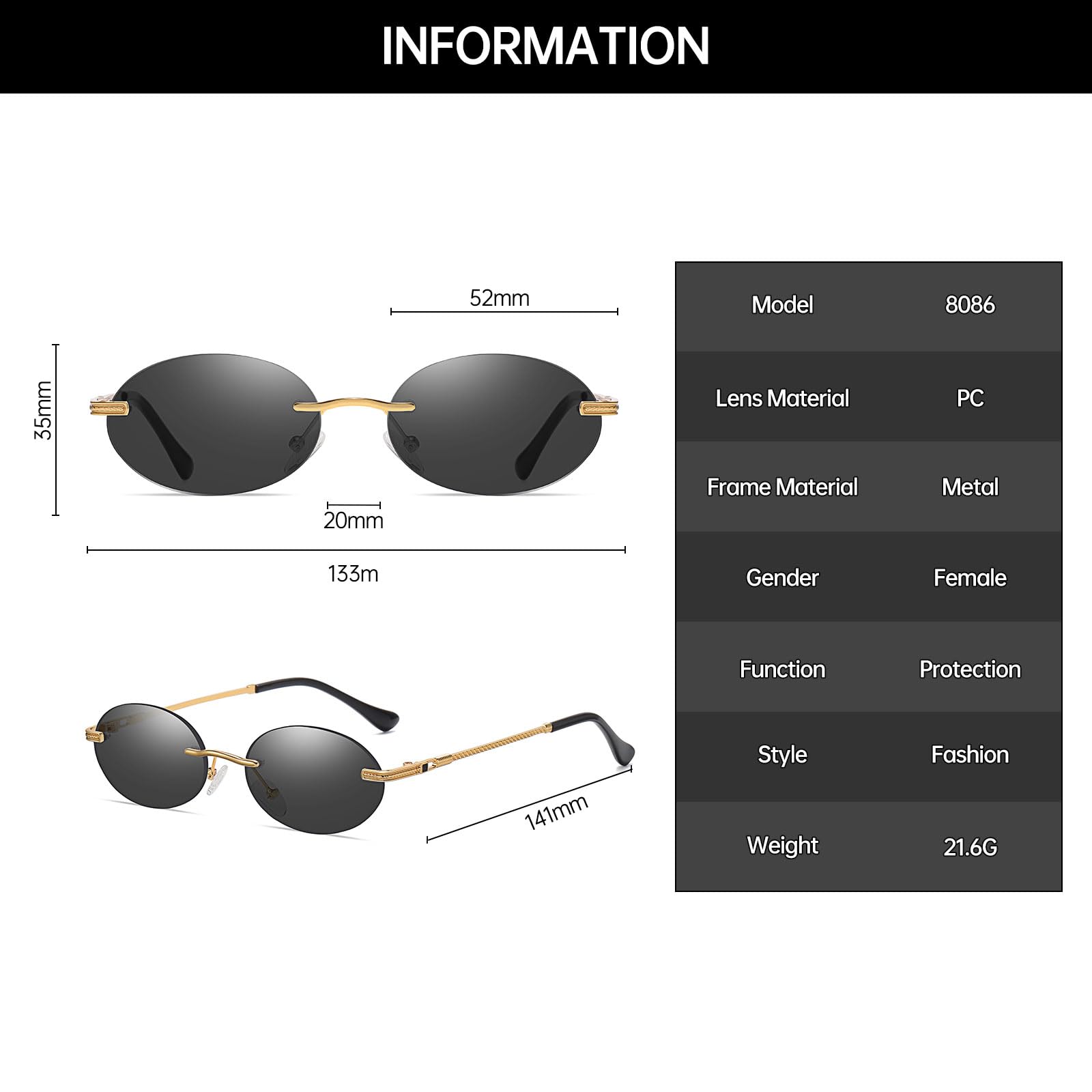 Polarized Small Oval Rimless Sunglasses